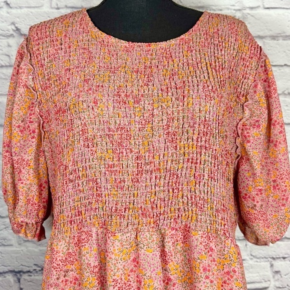 Wild Fable Pink Floral Fit & Flare Ruffle Puff Sleeve Tiered Smocked Dress XXL - Picture 4 of 15